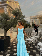 Strapless V Neck Sleeveless Long Prom Dress With Pleated Ruffle YK0492