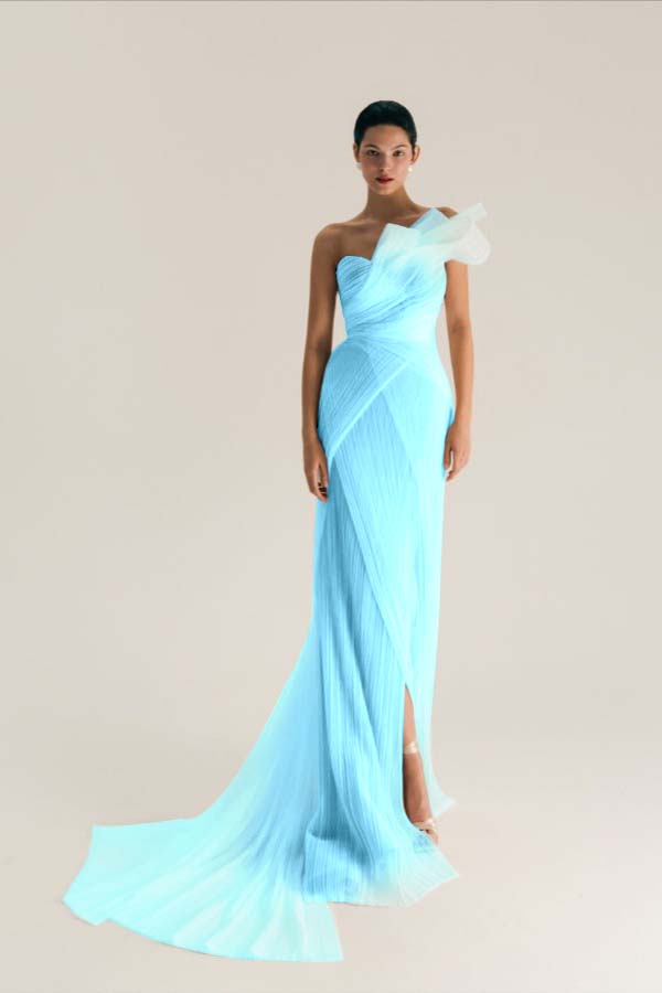 Asymmetric One Shoulder Sleeveless Long Pleated Mermaid Prom Dress With Split WQ0533