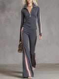 Elegant Retro Sporty Gray Cotton Fabric Lapel Front Zipper Top And Pant Set
