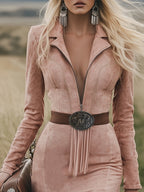 Western Retro Pink Long-sleeved Tassel Midi Dress