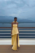 Cocoslly Strapless Split Holiday Summer Long Prom Dress With Scarf | White Satin And Chiffon ZT0604