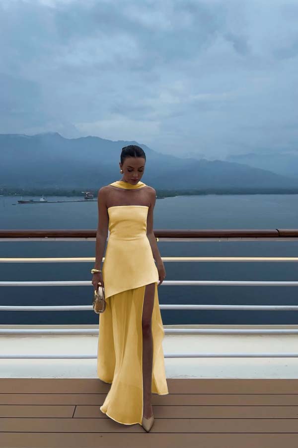 Cocoslly Strapless Split Holiday Summer Long Prom Dress With Scarf | White Satin And Chiffon ZT0604