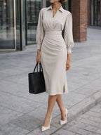 Women Light Gray Ruched Shirt Collar Long Sleeve Dressy Top With Skirt Two-Piece Set