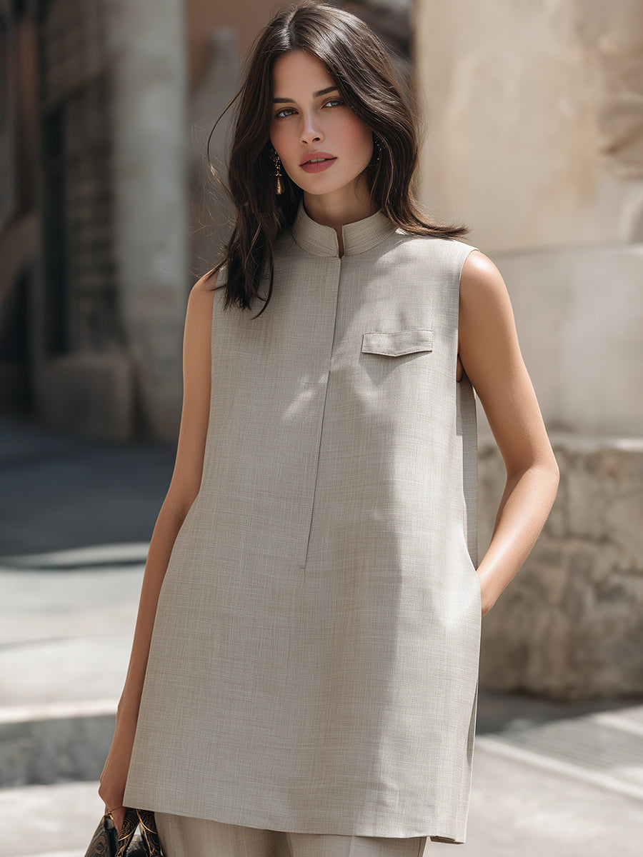 Sleeveless Minimalist Mandarin Collar Tunic Top