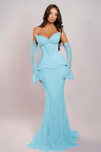 Cocoslly Strapless Sleeveless Long Mermaid Prom Dress With Embroidered And Gloves | Pink Satin And Lace ZA0398