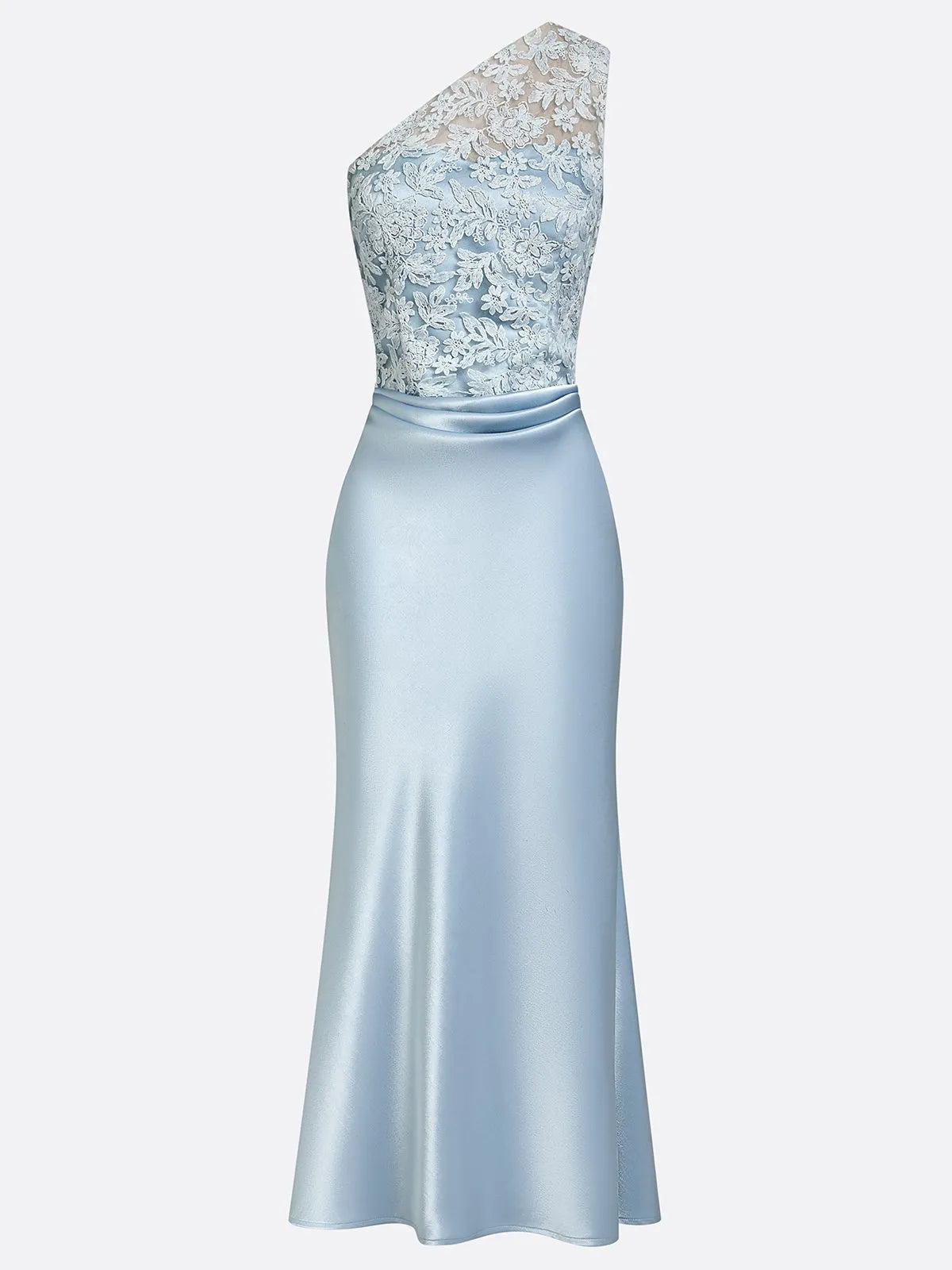 Light Blue Lace Embroidery Ruched Satin One Shoulder Sleeveless Mermaid Floor-length Gown Dress