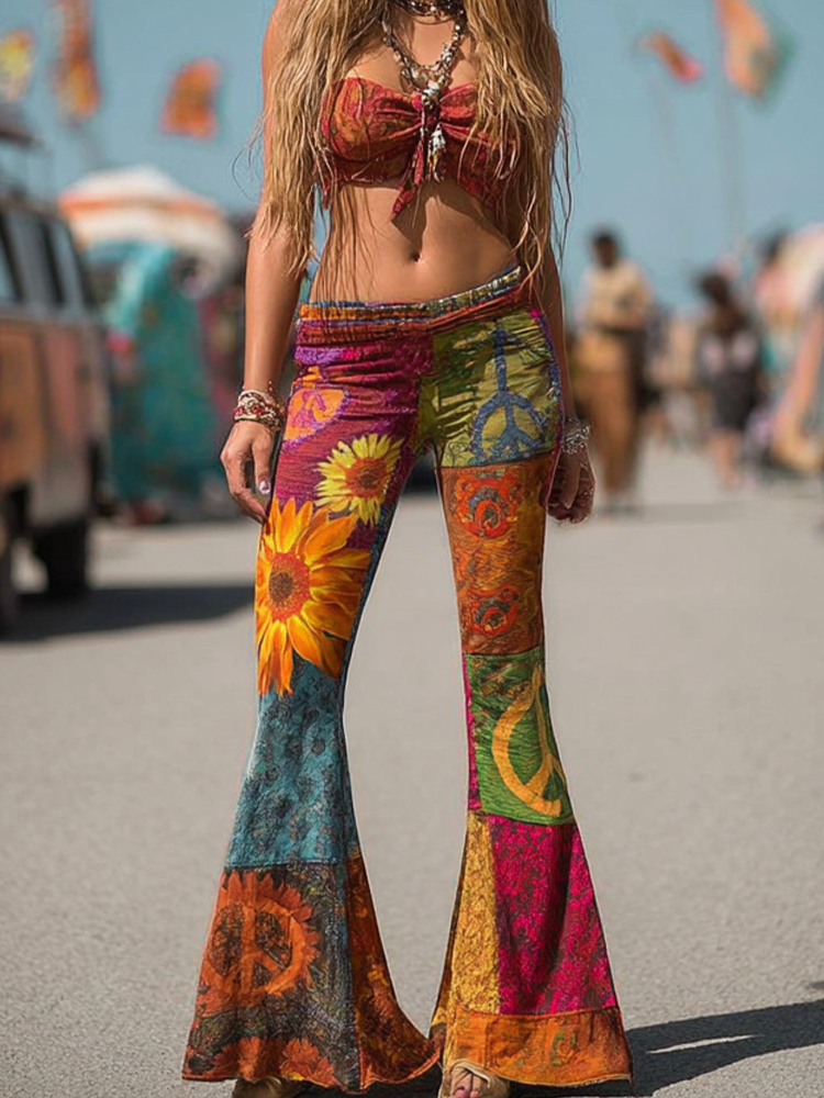 Hippie Bohemian Retro Patchwork Design Women's Casual Flared Pants