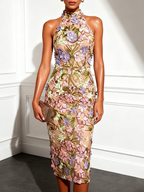 Khaki 3D Floral Classic Halter Neck Sleeveless Sheath Midi Dress
