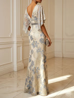 Champagne Classic V Neck Half Sleeve Mermaid Floor-length Gown Dress