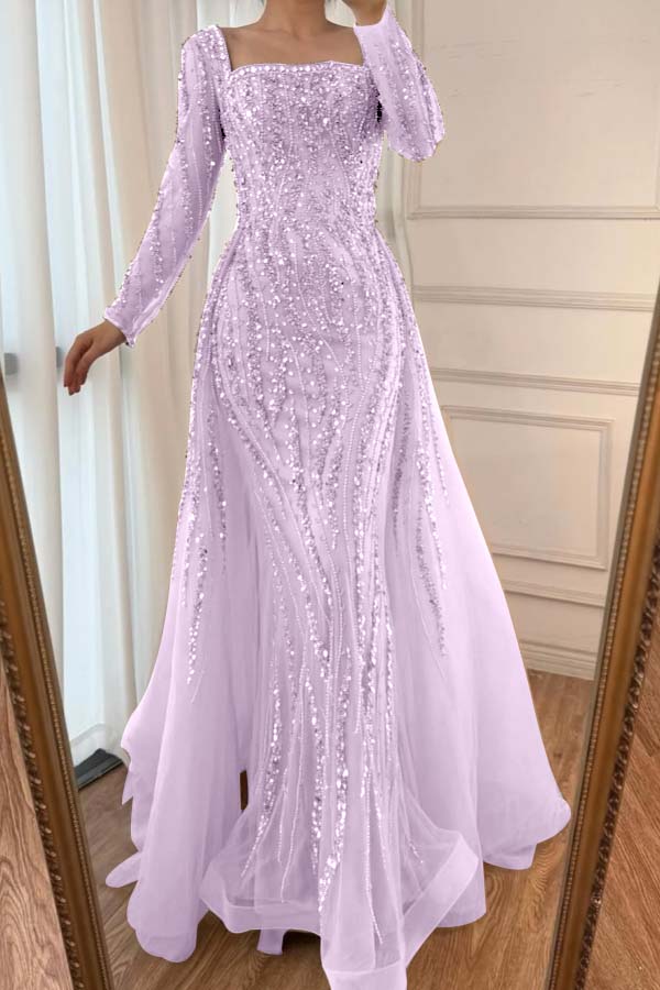 Square Neck Long Sleeves Long Mermaid Prom Dress With Beading Tulle WQ0442