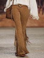 Versatile Retro Style Caramel Brown Faux Suede Tassel Flare Pants