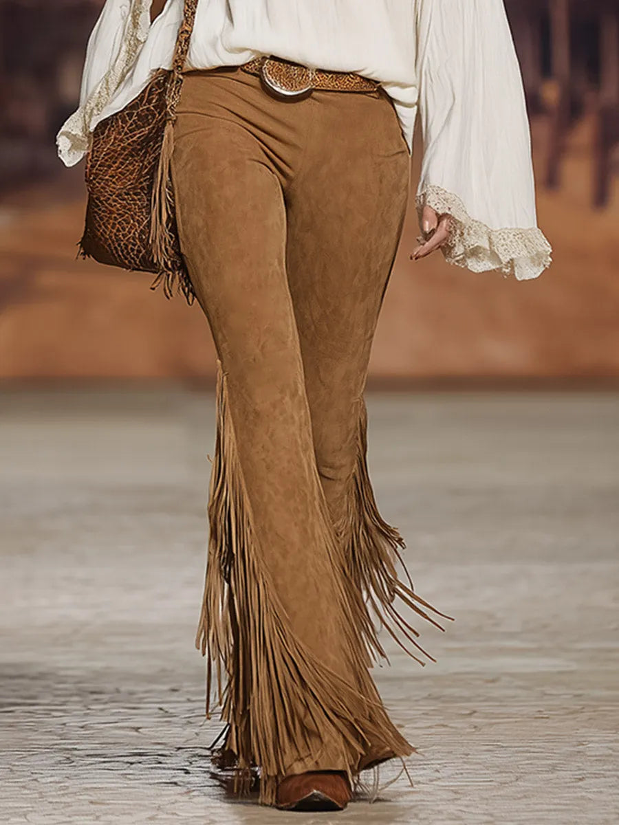 Versatile Retro Style Caramel Brown Faux Suede Tassel Flare Pants