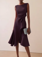 Purplish Blue Waist Twist Ruffled Sleeveless A-Line Midi Dress