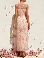 Pink Lace Embroidery Applique Crew Neck Sleeveless Sheath Maxi Dress