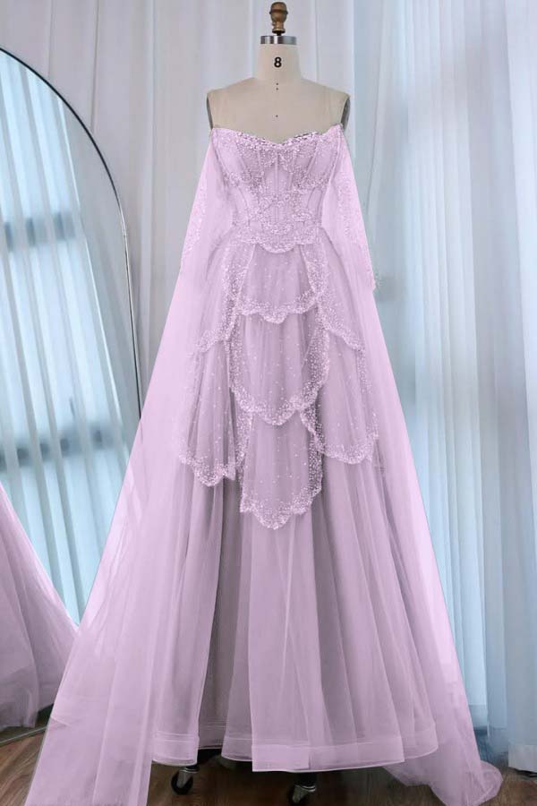 Tulle Strapless Sleeveless High Waist Long A-Line Prom Dress With Beadings And Ruffles WQ0557