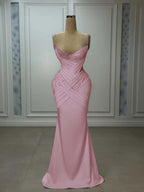 Satin V-Neck Spaghetti Straps Strapless Sleeveless Long Mermaid Prom Dress With Pleated And Beadings YK0743