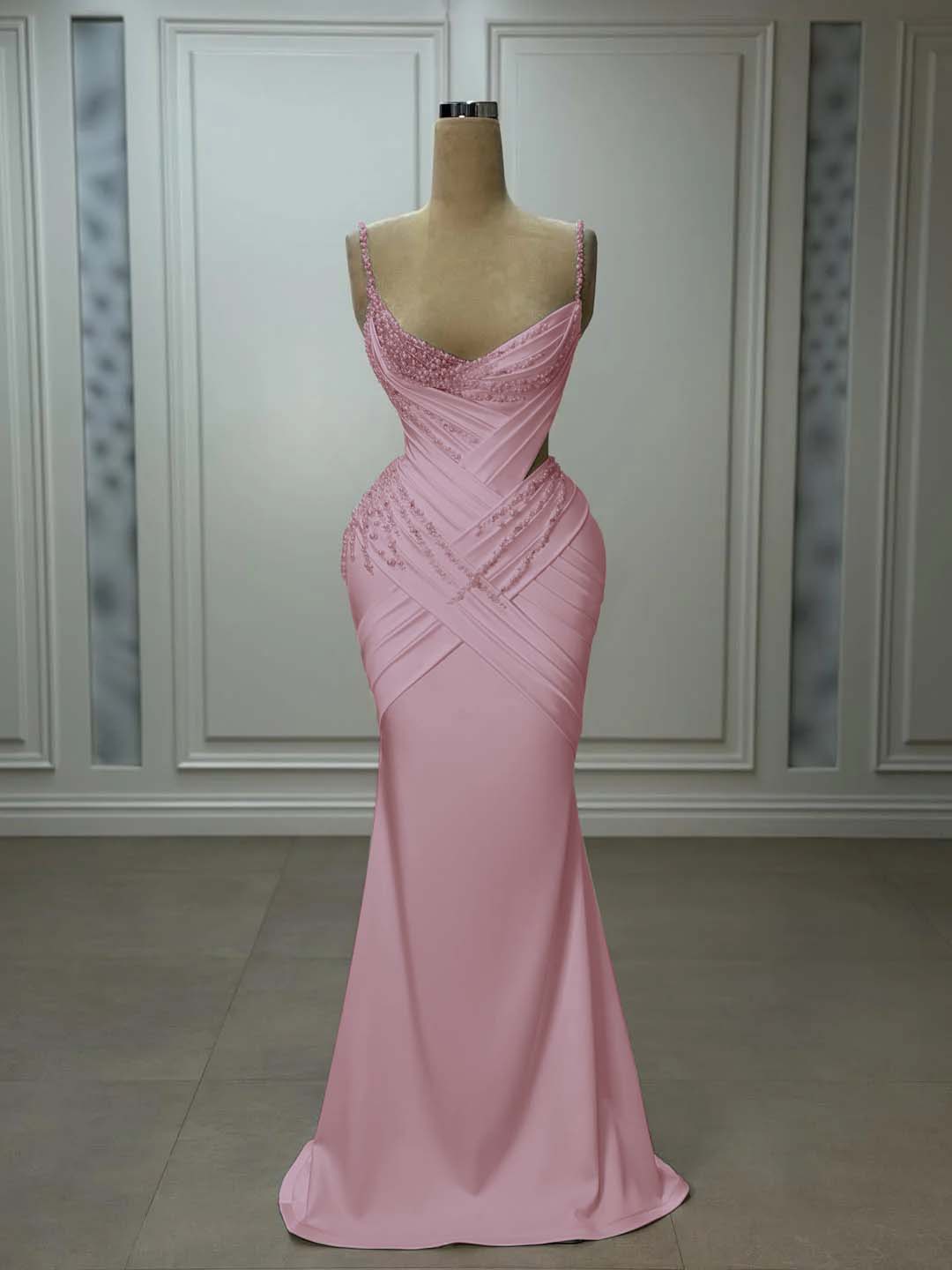 Satin V-Neck Spaghetti Straps Strapless Sleeveless Long Mermaid Prom Dress With Pleated And Beadings YK0743