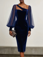 Purplish Blue Mesh Balloon Sleeve Sheath Midi Velvet Dress