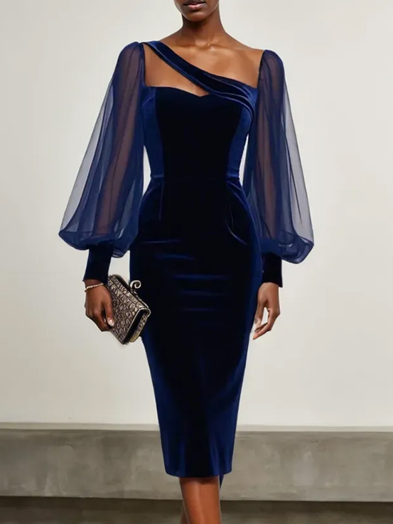 Purplish Blue Mesh Balloon Sleeve Sheath Midi Velvet Dress