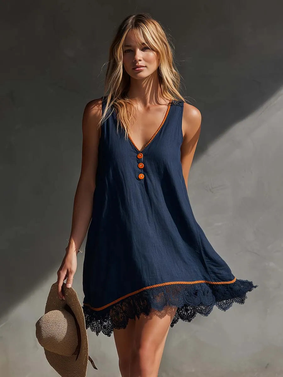 Casual Vacation V-Neck Front Buttons Lace Hem Dark Blue Cotton-Linen Mini Dress