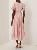 Pink Pleated Rhinestone Chiffon V Neck Short Sleeve Ruffle Sleeve A-Line Maxi Dress