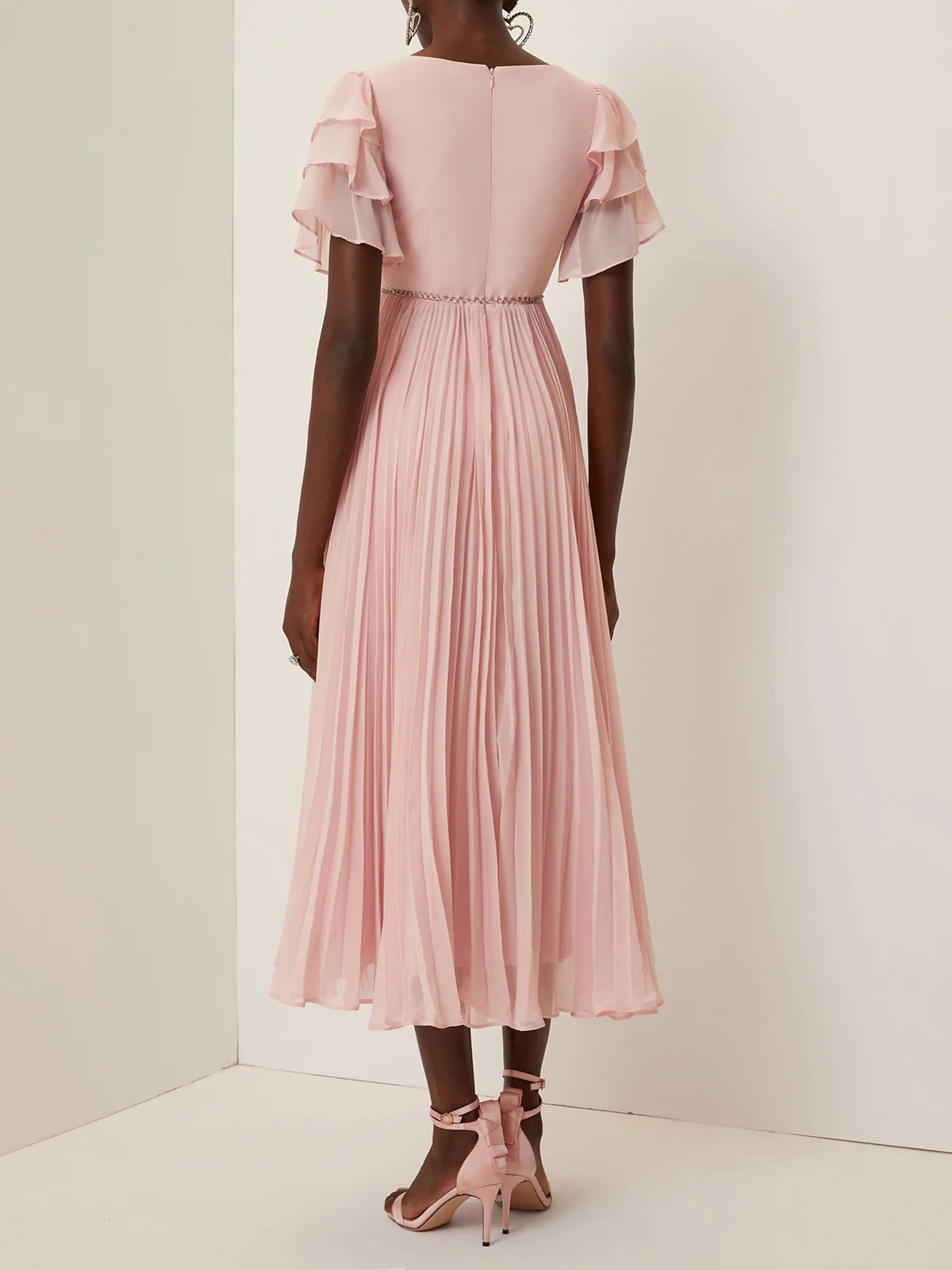 Pink Pleated Rhinestone Chiffon V Neck Short Sleeve Ruffle Sleeve A-Line Maxi Dress