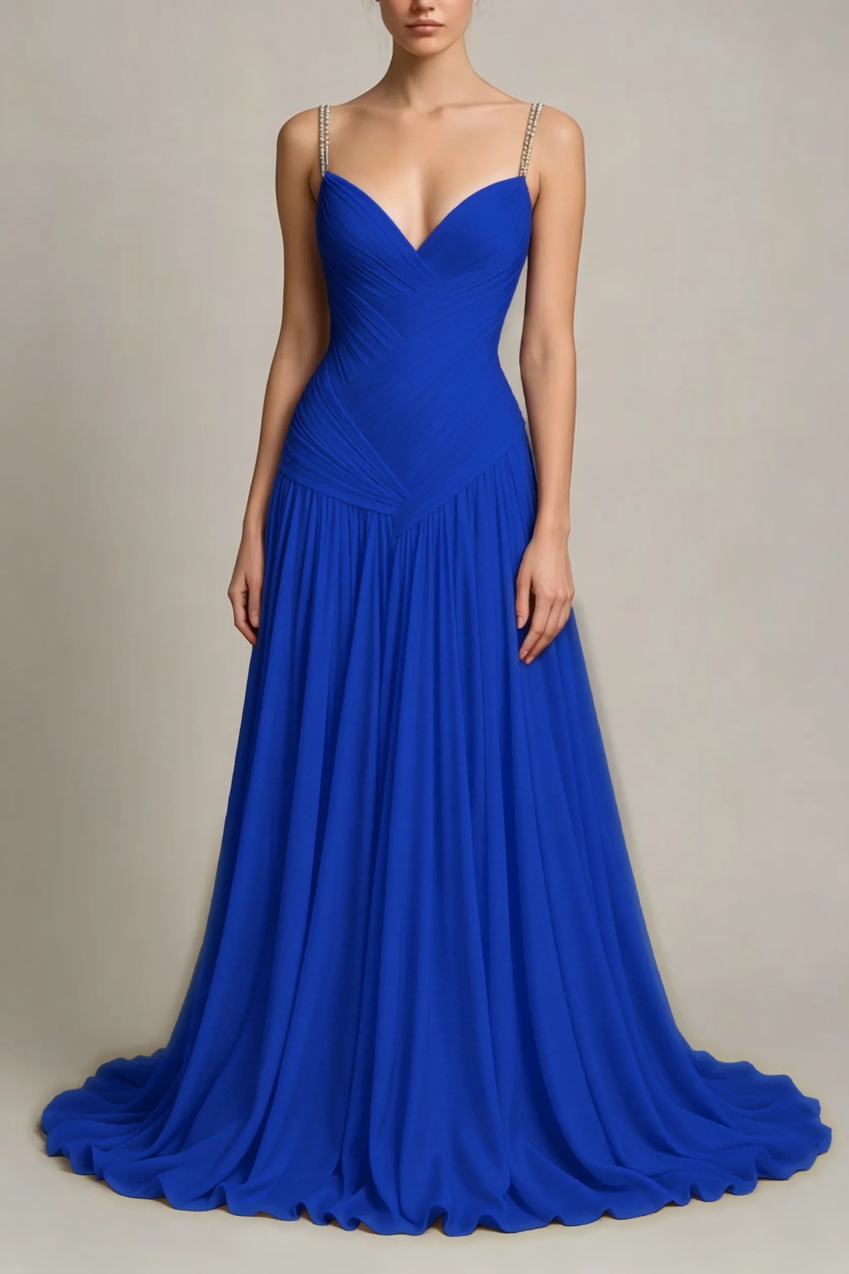Cocoslly Spaghetti Straps Sleeveless High Waist Long Prom Dress With Pleated | Dusty Blue Chiffon LR0340