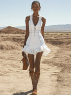銆�24-hour shipping out銆慡tylish Casual White Denim Zipper Ruffle Trim Mini Dress