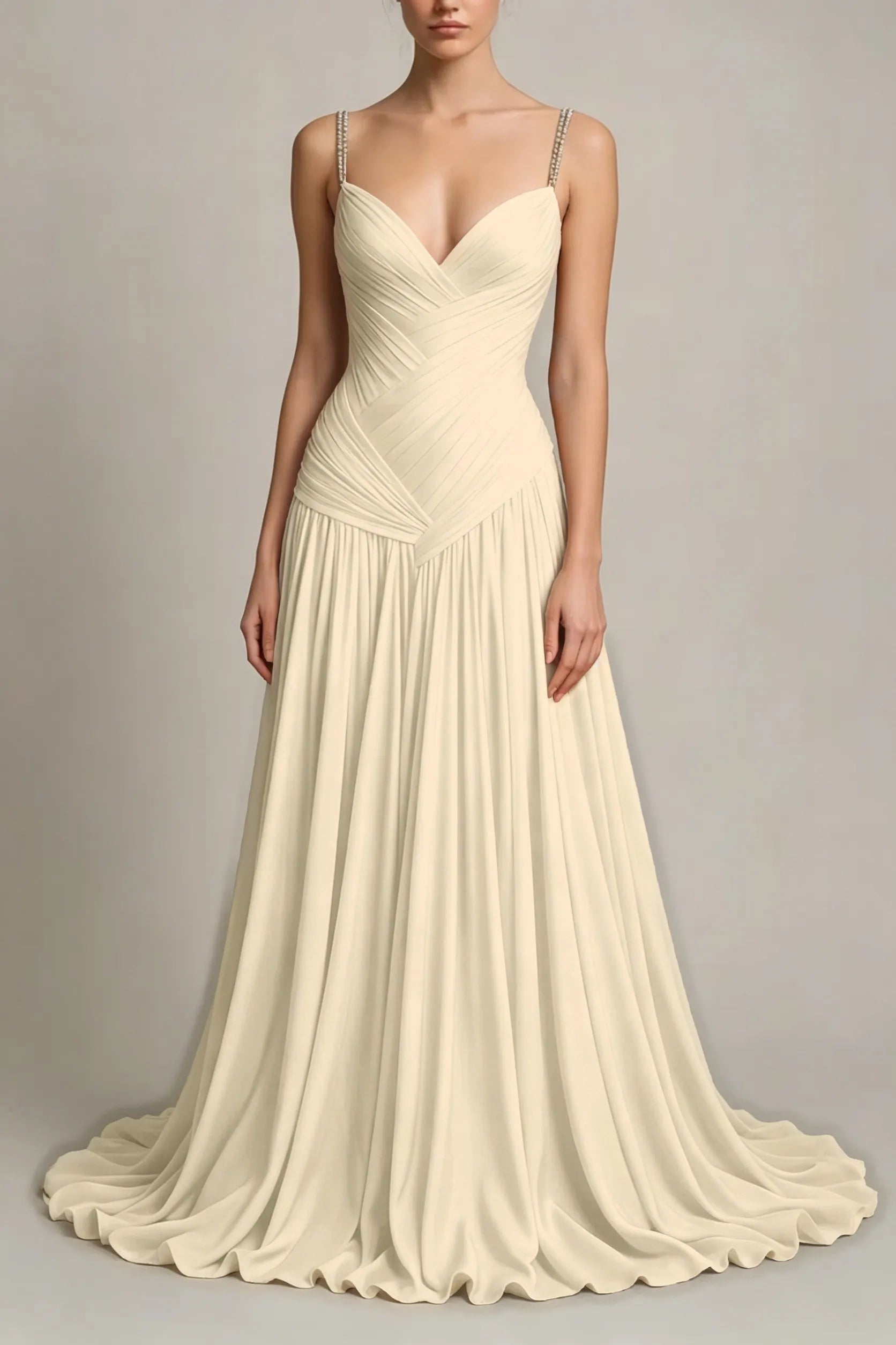 Cocoslly Spaghetti Straps Sleeveless High Waist Long Prom Dress With Pleated | Dusty Blue Chiffon LR0340