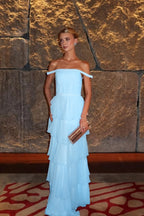 Cocoslly Off-The-Shoulder Sleeveless High Waist Long Prom Dress With Ruffles | Pink Chiffon XJ0683