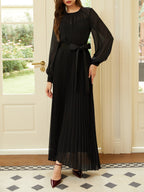 Black Pleated Mesh Chiffon Crew Neck Long Sleeve Balloon Sleeve A-Line Maxi Dress
