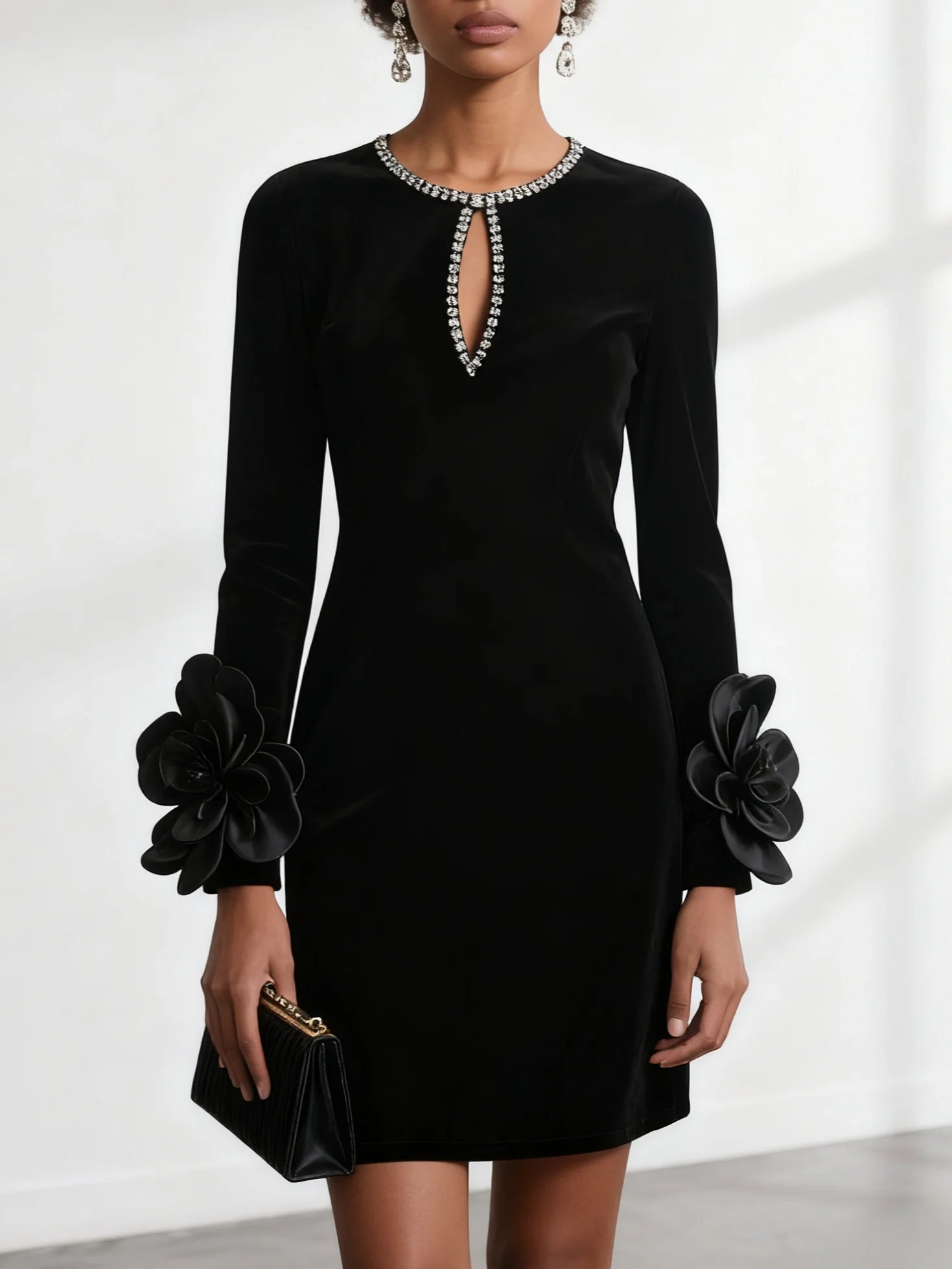 Black 3D Floral Rhinestone Velvet Crew Neck Long Sleeve Sheath Mini Dress