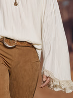 Versatile Vintage-style Lace & Off-white Chiffon Off-shoulder Long-sleeve Shirt