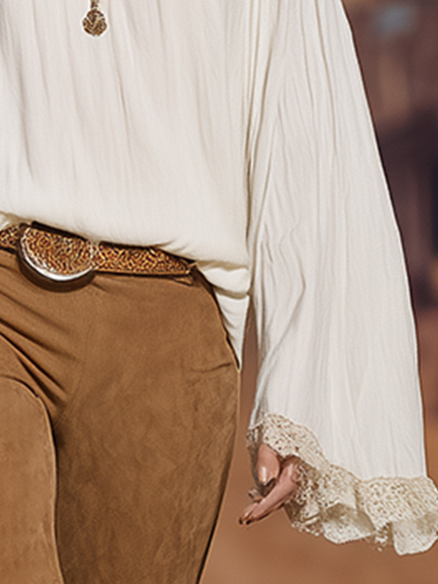 Versatile Vintage-style Lace & Off-white Chiffon Off-shoulder Long-sleeve Shirt