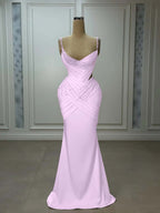 Satin V-Neck Spaghetti Straps Strapless Sleeveless Long Mermaid Prom Dress With Pleated And Beadings YK0743