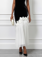 Black Tassel 3D Floral Velvet Boat Neck Sleeveless Mermaid Midi Dress