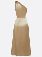 Champagne Ruched Satin One Shoulder Sleeveless Sheath Midi Dress