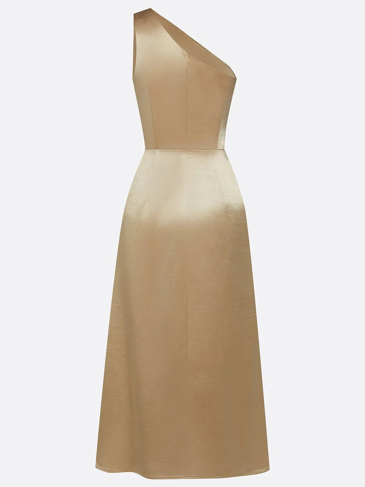 Champagne Ruched Satin One Shoulder Sleeveless Sheath Midi Dress