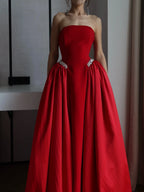 Cocoslly Strapless Sleeveless High Waist Long Prom Dress With Rhinstone | Burgundy Satin CO0171