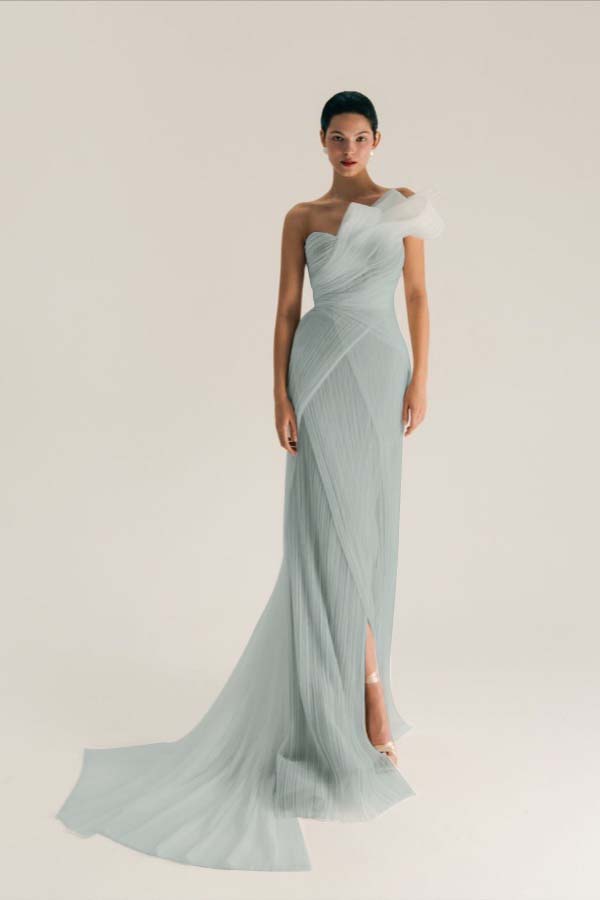 Asymmetric One Shoulder Sleeveless Long Pleated Mermaid Prom Dress With Split WQ0533