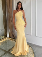 Cocoslly Strapless Sleeveless High Waist Long Mermaid Prom Dress With Appliques | Daffodil Satin LX0089