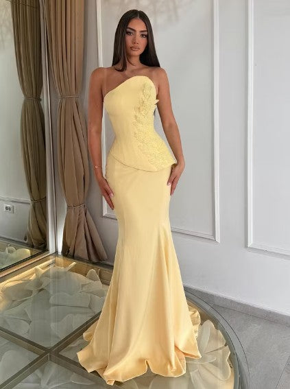 Cocoslly Strapless Sleeveless High Waist Long Mermaid Prom Dress With Appliques | Daffodil Satin LX0089
