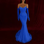 Cocoslly Strapless Sleeveless High Waist Long Mermaid Prom Dress With Rhinstone And Gloves | Smoky Silver Sequins WQ0579
