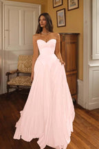 Cocoslly Sweetheart Strapless Sleeveless High-Waisted Long A-Line Pleated Prom Dress | Ivory Chiffon ZA0311