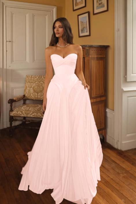 Cocoslly Sweetheart Strapless Sleeveless High-Waisted Long A-Line Pleated Prom Dress | Ivory Chiffon ZA0311