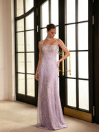 Cocoslly Spaghetti Straps Sleeveless High Waist Long Prom Dress With Rhinstone And Beading Pearls | Nude Sequins LX0091