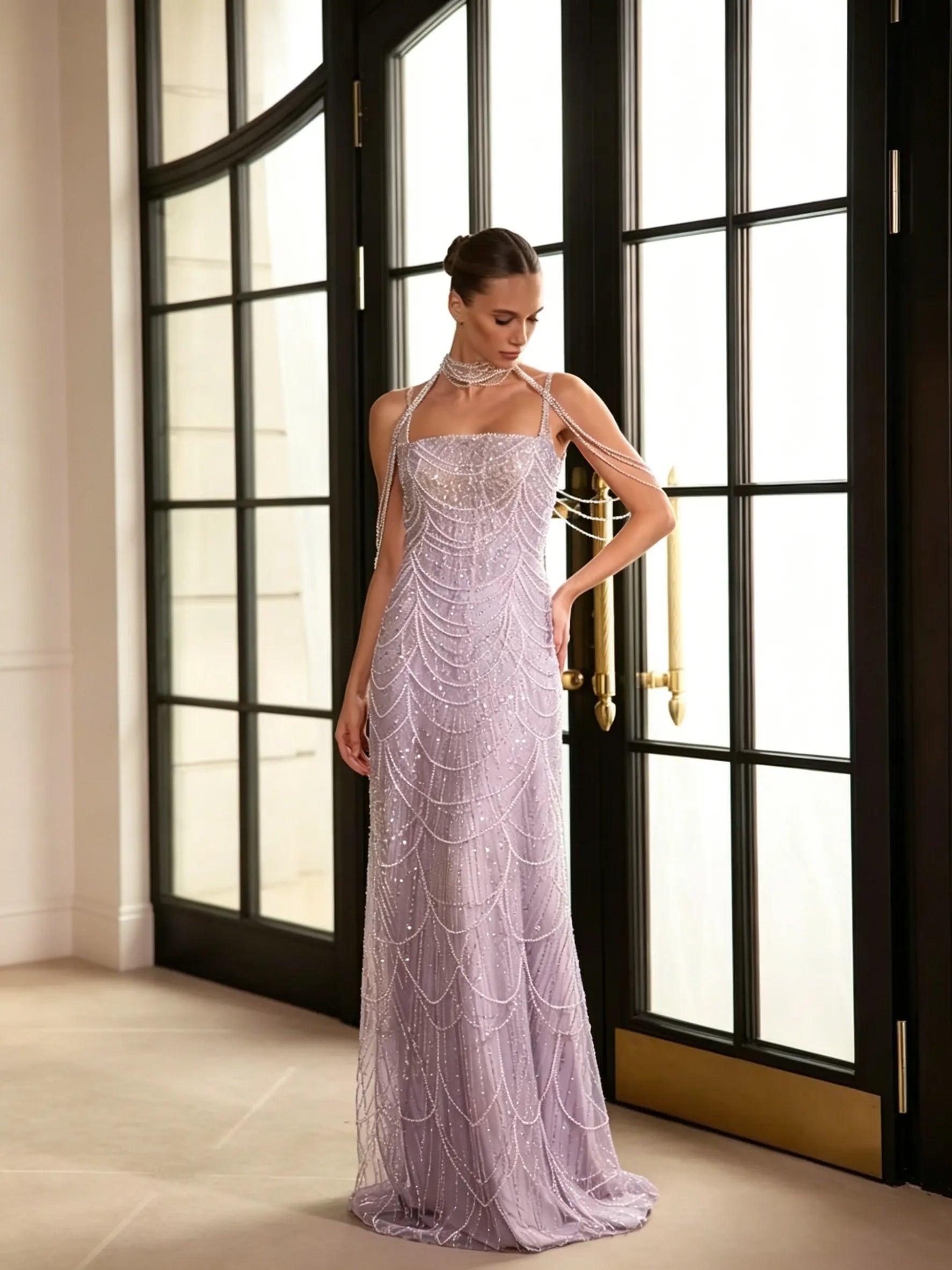 Cocoslly Spaghetti Straps Sleeveless High Waist Long Prom Dress With Rhinstone And Beading Pearls | Nude Sequins LX0091