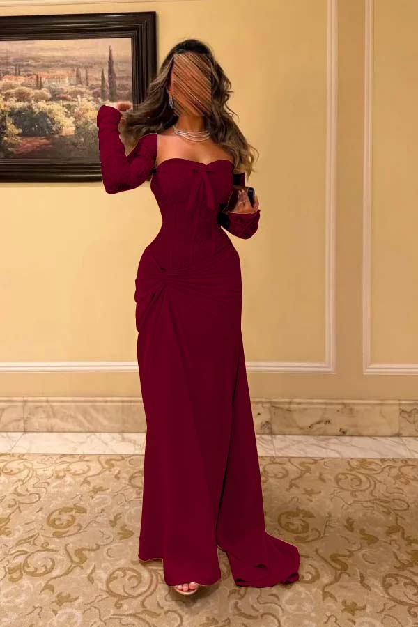 Satin And Lace Sweetheart Strapless Long Sleeves Long Pleated Mermaid Prom Dress With Bow JQ0316