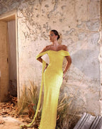 Off-The-Shoulder Strapless Sleeveless Long Pleated Mermaid Prom Dress With Sequins And Ruffle YK0709