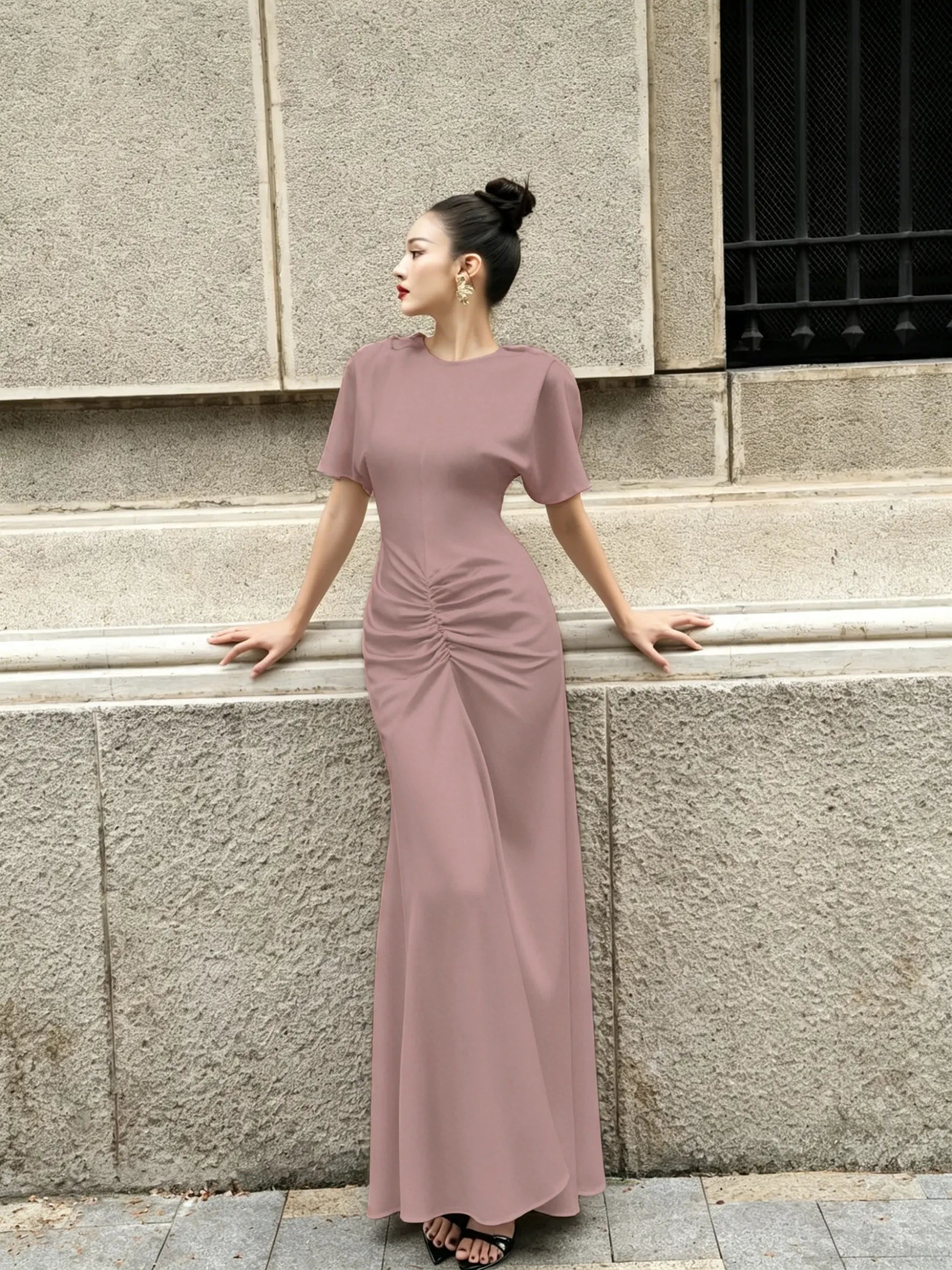 Cocoslly Round Neck Short Sleeves High Waist Long Prom Dress With Pleated | Wine Red Satin DB0023